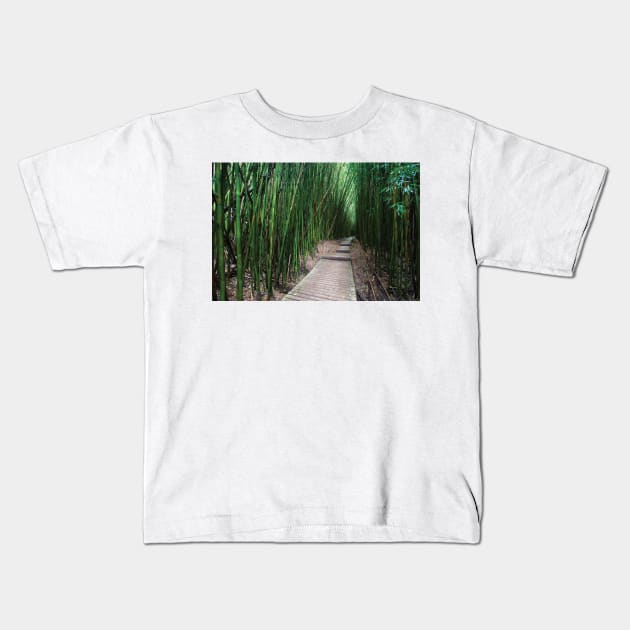 Boardwalk Through Bamboo Pipiwai Trail Hakeakala National Park Kipahulu Kids T-Shirt by HammiltenJohn